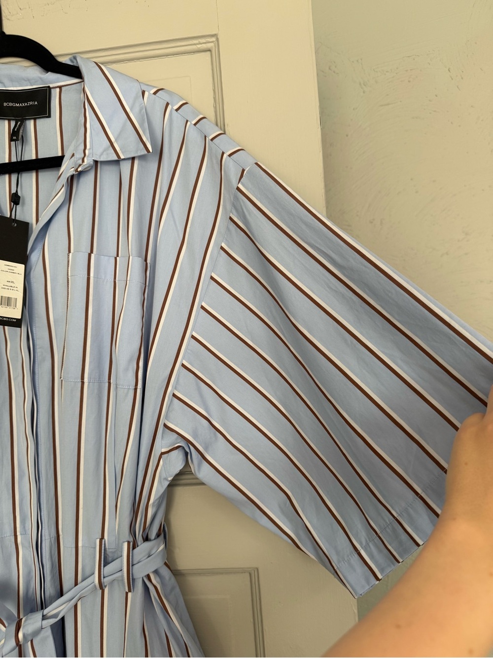 blue and white vertically striped utility jumpsuit from BCBGMAXAZRIA size XL - Picture 5 of 7